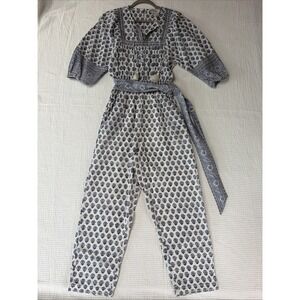 Cleobella Jumpsuit S Womens White Blue Tassel Belted Pants Pockets Boho Hippie